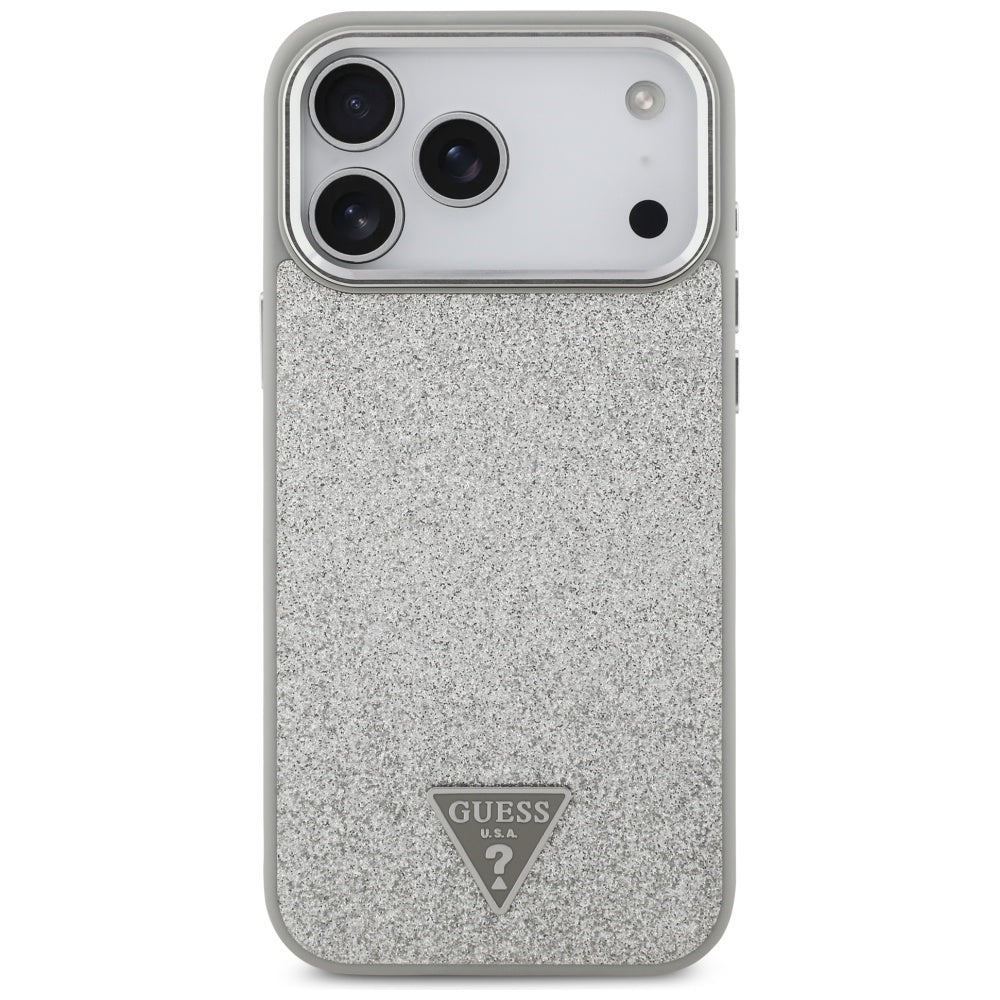 Coque MagSafe pour Apple iPhone 17 Pro Max, Guess, Logo Triangle Pailleté, Argentée