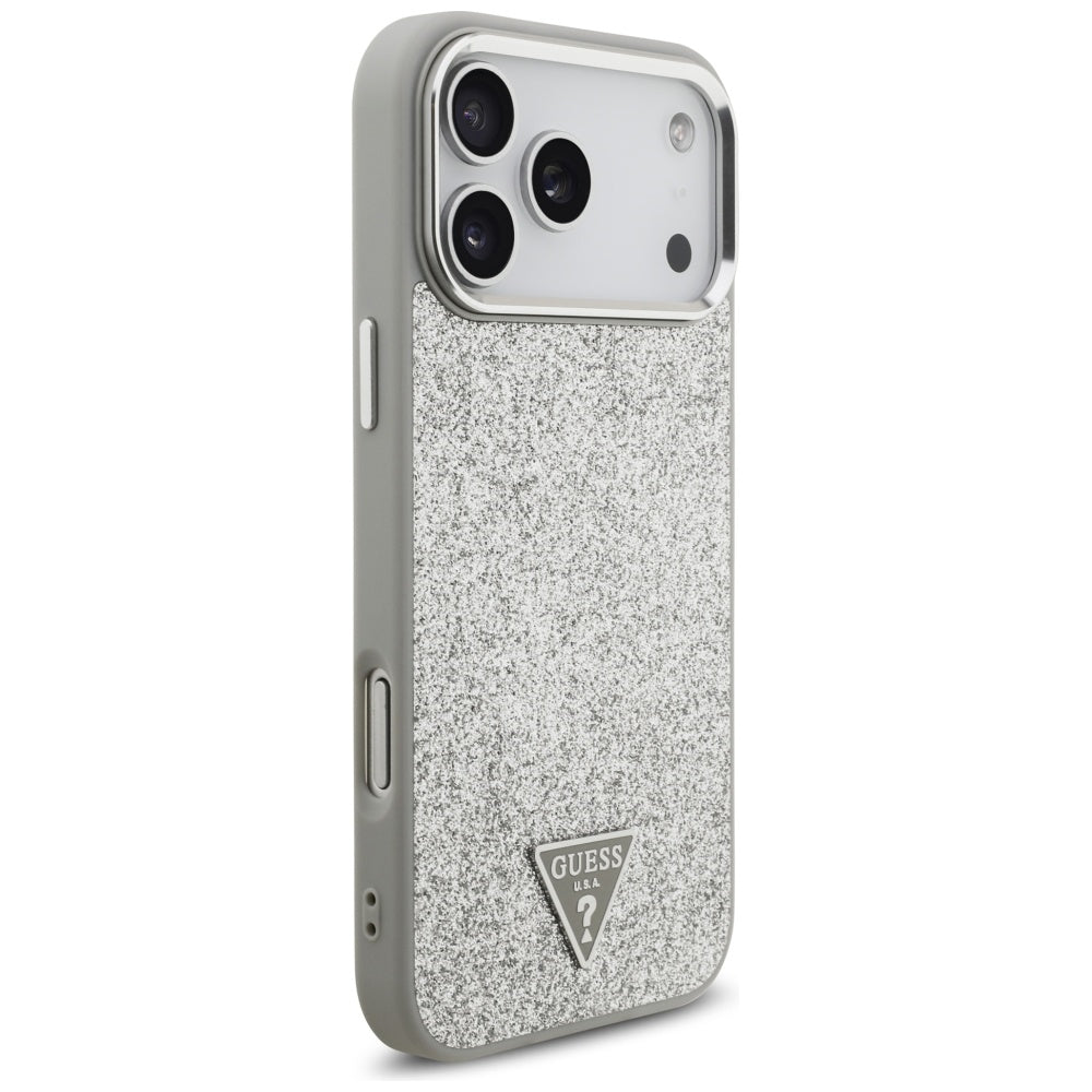 Coque MagSafe pour Apple iPhone 17 Pro Max, Guess, Logo Triangle Pailleté, Argentée