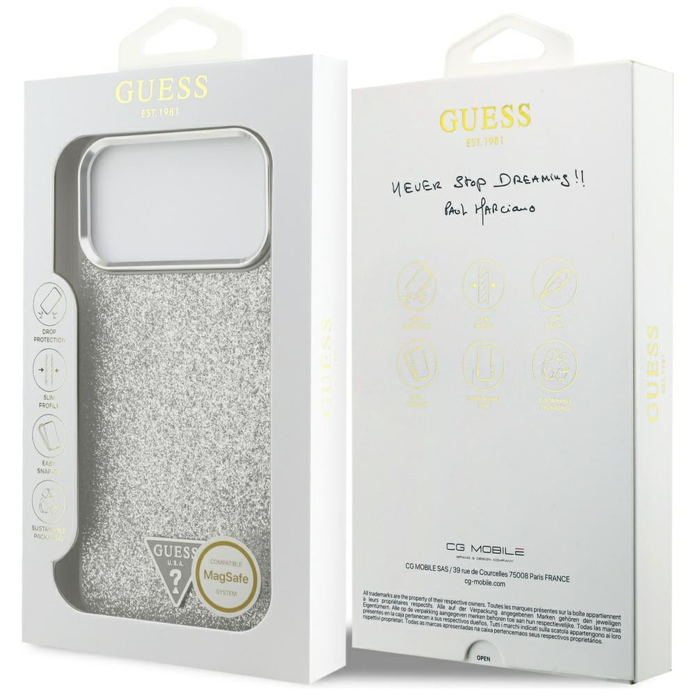 Coque MagSafe pour Apple iPhone 17 Pro Max, Guess, Logo Triangle Pailleté, Argentée