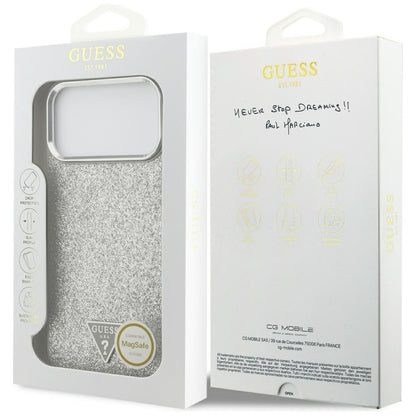 Coque MagSafe pour Apple iPhone 17 Pro Max, Guess, Logo Triangle Pailleté, Argentée