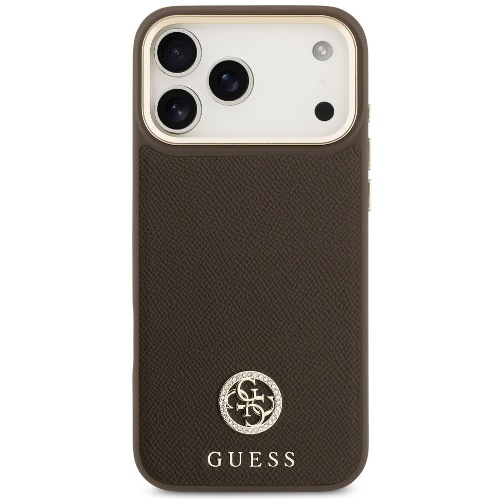 Étui MagSafe pour Apple iPhone 17 Pro Max, Guess, Logo Strass Grainé, Marron