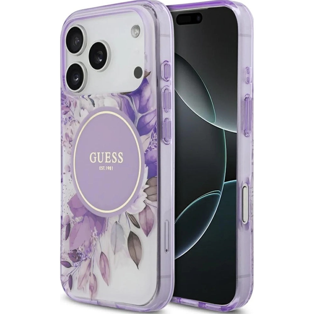 Custodia MagSafe per Apple iPhone 17 Pro Max, Guess, IML Flower & Tonal Circle, Viola