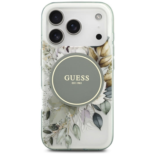 Étui MagSafe pour Apple iPhone 17 Pro Max, Guess, IML Flower & Tonal Circle, Vert