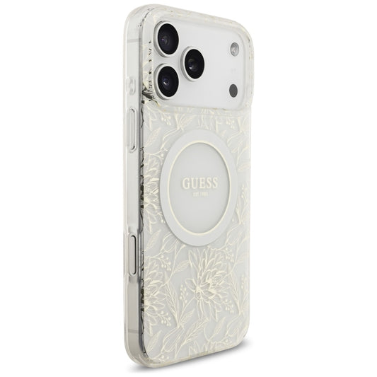 Custodia MagSafe per Apple iPhone 17 Pro Max, Guess, IML Flowers Allover Electroplated with Pearl Strap, Bianca