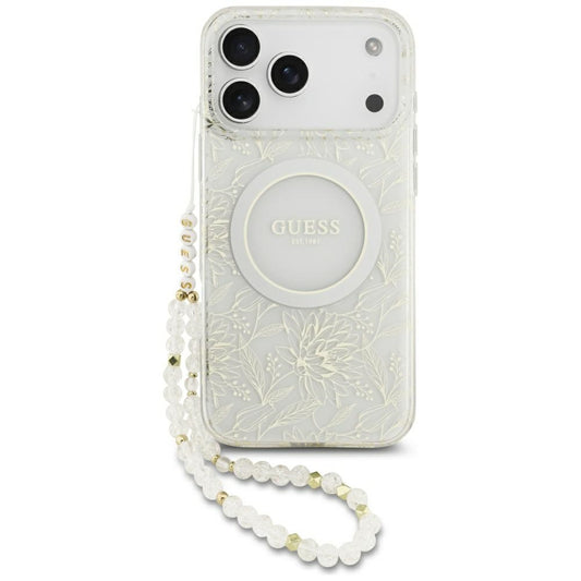 Custodia MagSafe per Apple iPhone 17 Pro Max, Guess, IML Flowers Allover Electroplated with Pearl Strap, Bianca