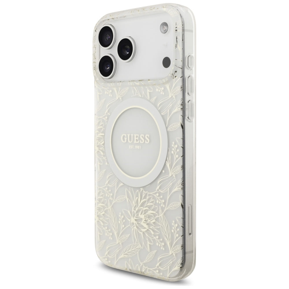 Étui MagSafe pour Apple iPhone 17 Pro Max, Guess, IML Flowers Allover Electroplated with Pearl Strap, Blanc