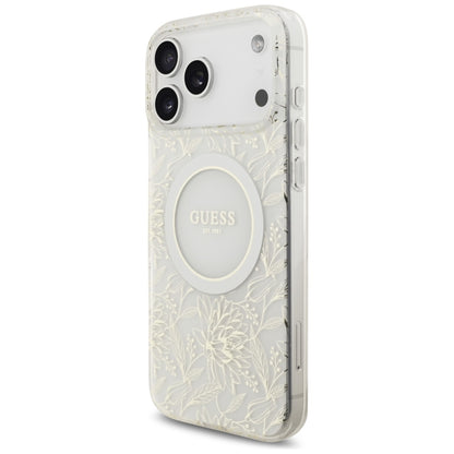 Étui MagSafe pour Apple iPhone 17 Pro Max, Guess, IML Flowers Allover Electroplated with Pearl Strap, Blanc