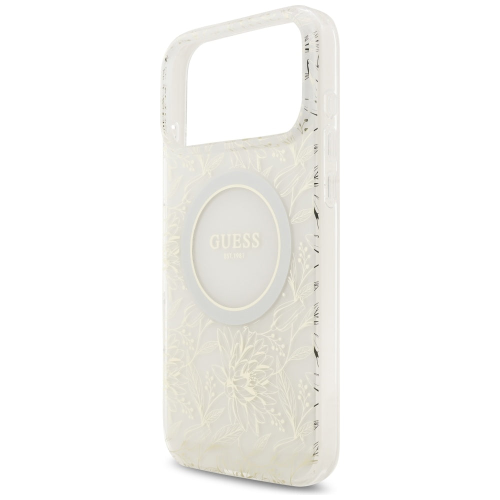 Étui MagSafe pour Apple iPhone 17 Pro Max, Guess, IML Flowers Allover Electroplated with Pearl Strap, Blanc