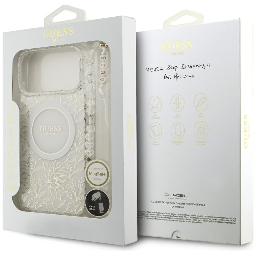 Étui MagSafe pour Apple iPhone 17 Pro Max, Guess, IML Flowers Allover Electroplated with Pearl Strap, Blanc