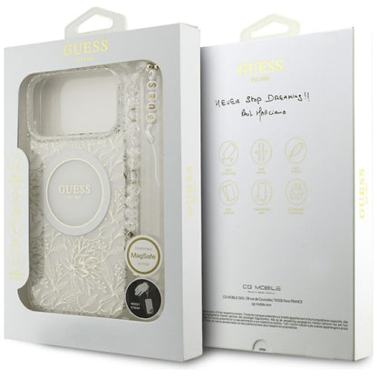 Étui MagSafe pour Apple iPhone 17 Pro Max, Guess, IML Flowers Allover Electroplated with Pearl Strap, Blanc