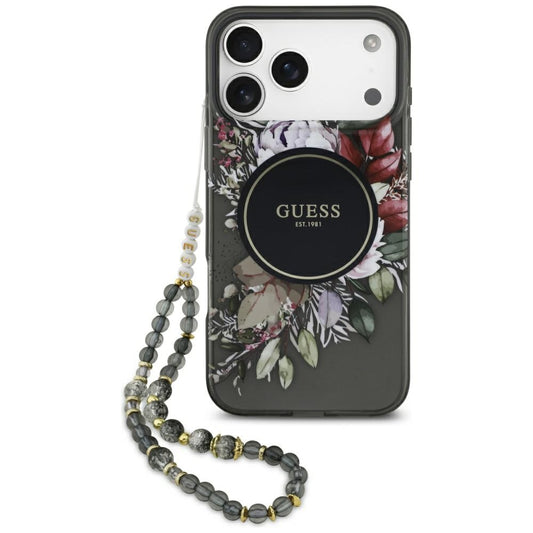 MagSafe Hülle für Apple iPhone 17 Pro Max, Guess, IML Flowers with Pearl Strap, Schwarz