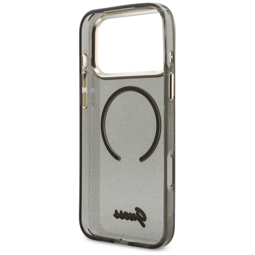 Custodia MagSafe per Apple iPhone 17 Pro Max, Guess, IML Glitter Script Strap, Nera