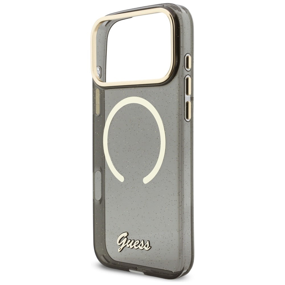 Custodia MagSafe per Apple iPhone 17 Pro Max, Guess, IML Glitter Script Strap, Nera