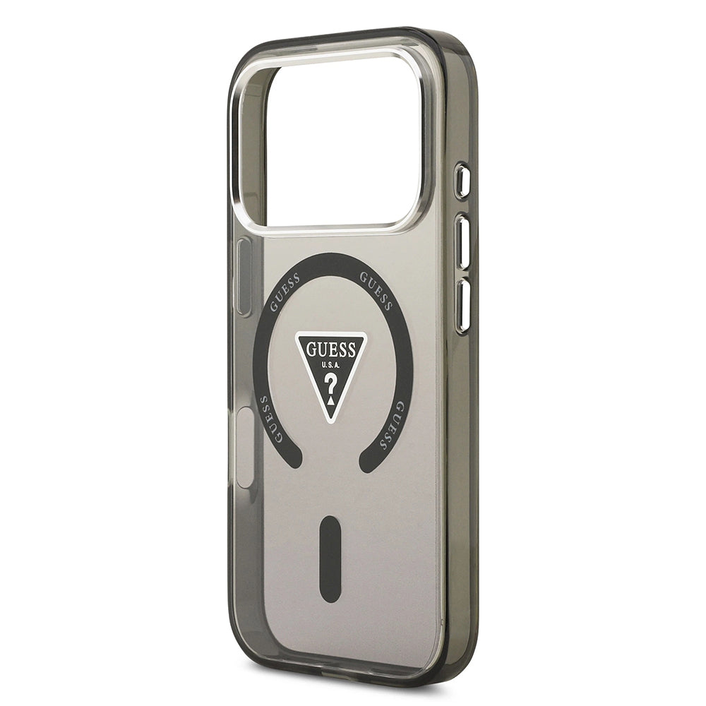 Custodia MagSafe per Apple iPhone 17 Pro Max, Guess, Logo Triangolo Gradiente IML, Nera Argentata