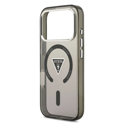 Custodia MagSafe per Apple iPhone 17 Pro Max, Guess, Logo Triangolo Gradiente IML, Nera Argentata