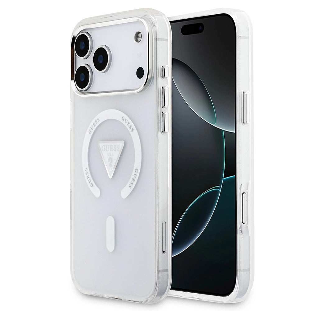 Coque MagSafe pour Apple iPhone 17 Pro Max, Guess, Logo Triangle Dégradé IML, Transparente