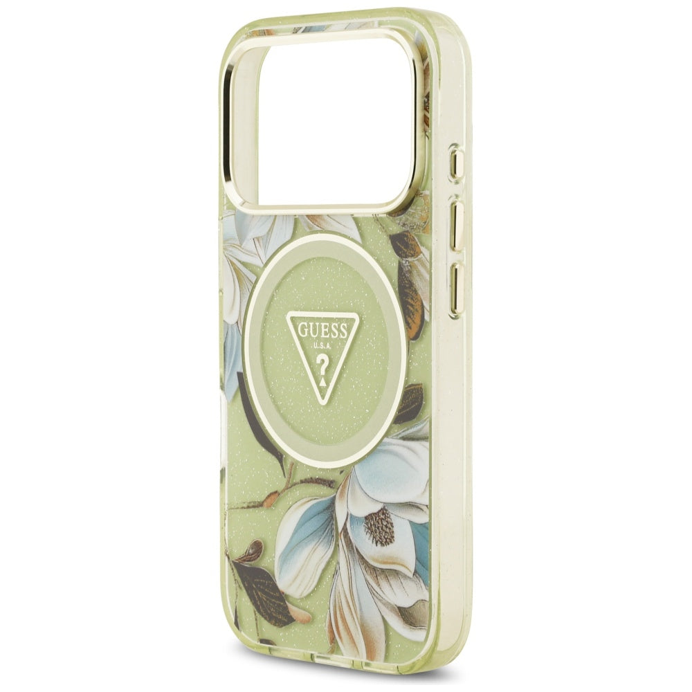 Étui MagSafe pour Apple iPhone 17 Pro Max, Guess, IML Metal Glitter Flowers Triangle, Vert