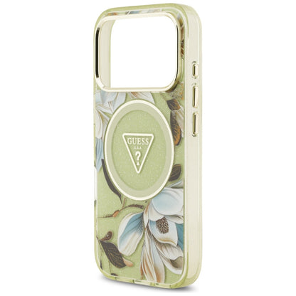 Étui MagSafe pour Apple iPhone 17 Pro Max, Guess, IML Metal Glitter Flowers Triangle, Vert