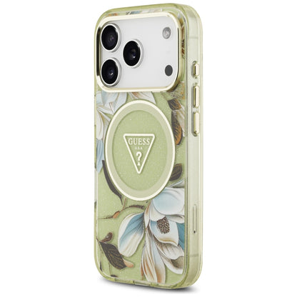 Étui MagSafe pour Apple iPhone 17 Pro Max, Guess, IML Metal Glitter Flowers Triangle, Vert