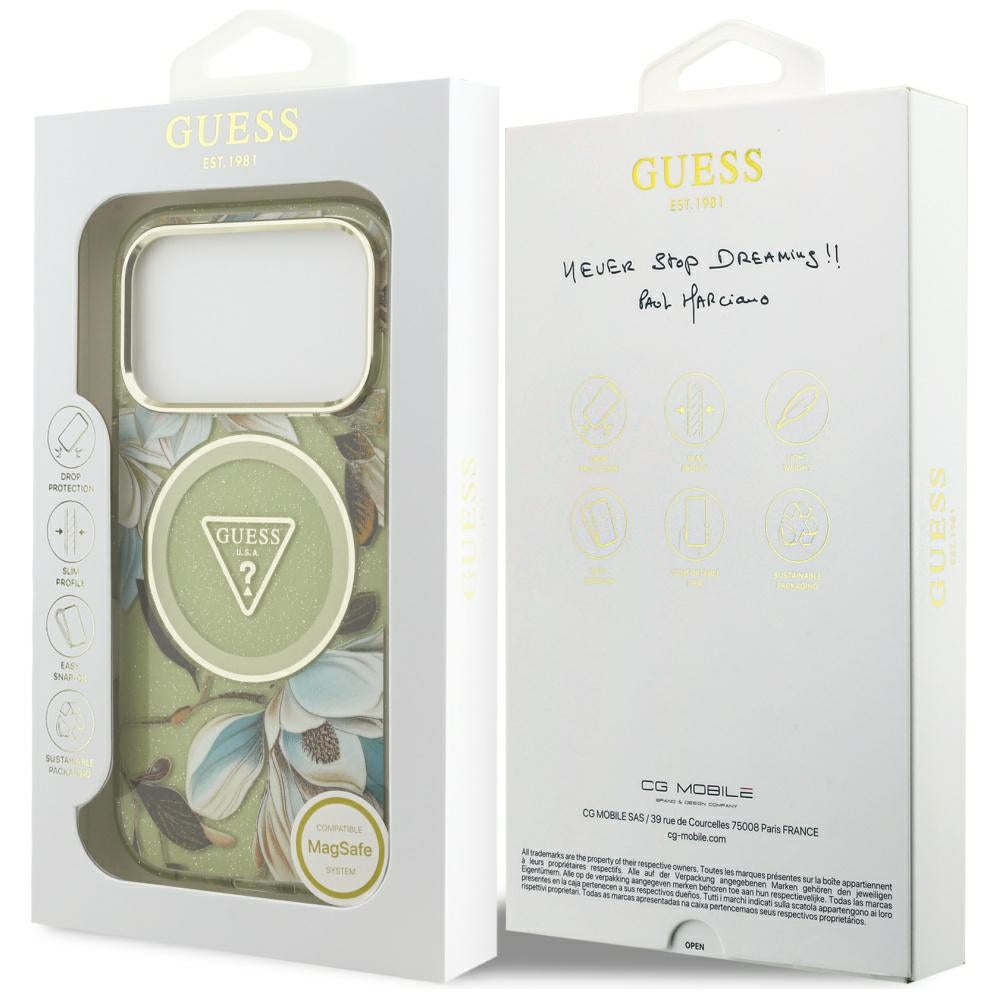 Étui MagSafe pour Apple iPhone 17 Pro Max, Guess, IML Metal Glitter Flowers Triangle, Vert