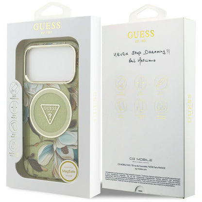 Étui MagSafe pour Apple iPhone 17 Pro Max, Guess, IML Metal Glitter Flowers Triangle, Vert