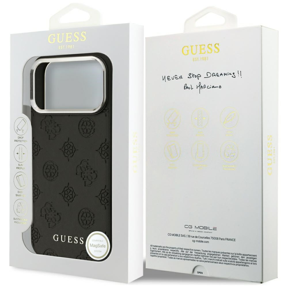 Coque MagSafe pour Apple iPhone 17 Pro Max, Guess, Peony Hot Stamp Script, Noire