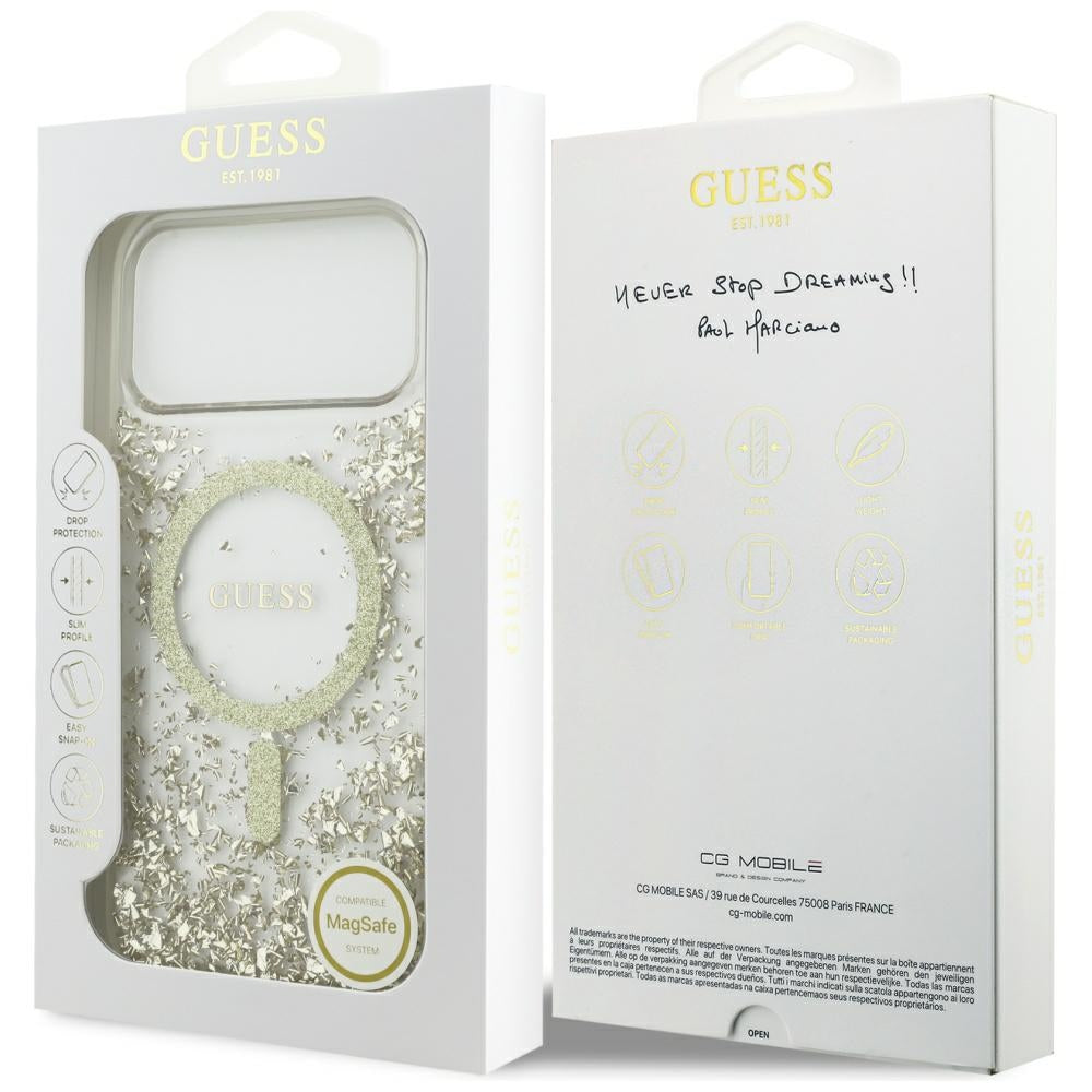 Coque MagSafe pour Apple iPhone 17 Pro Max, Guess, Resin Bottom Glitter, Dorée