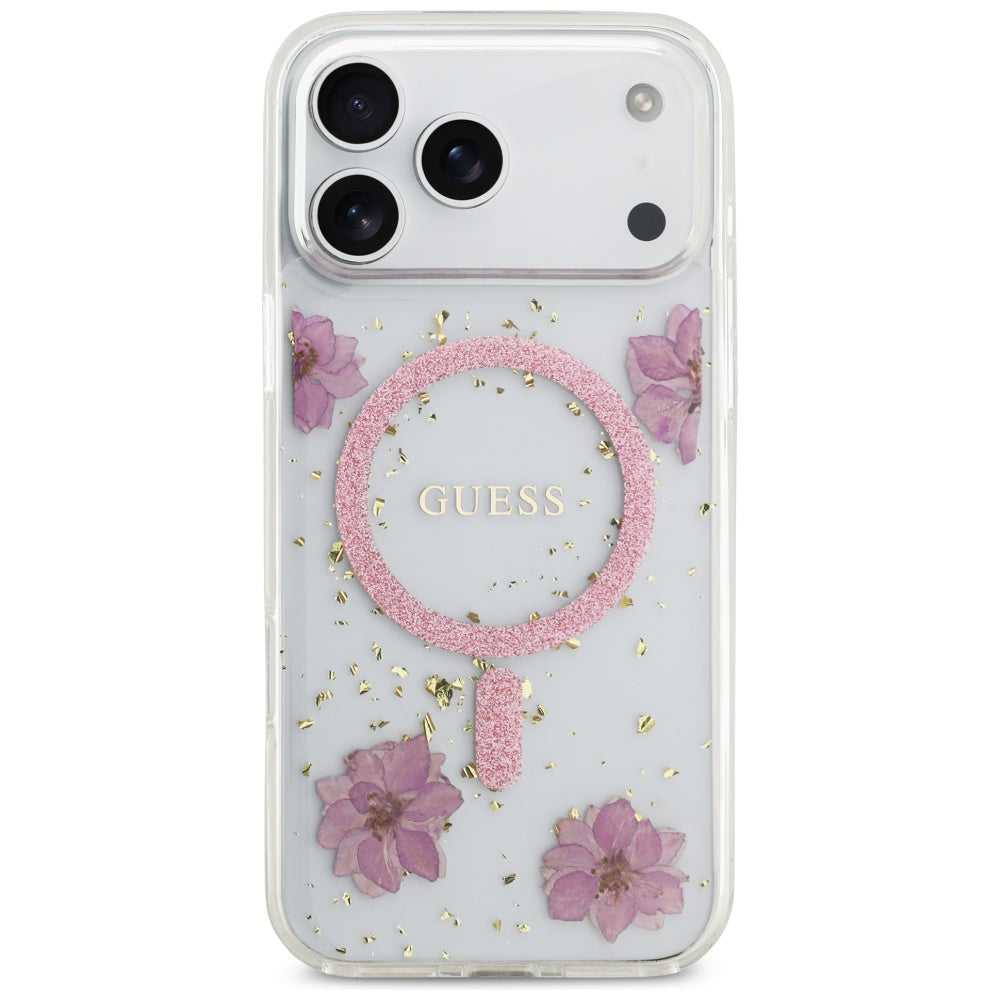 Coque MagSafe pour Apple iPhone 17 Pro Max, Guess, Fleurs en Résine et Paillettes, Rose