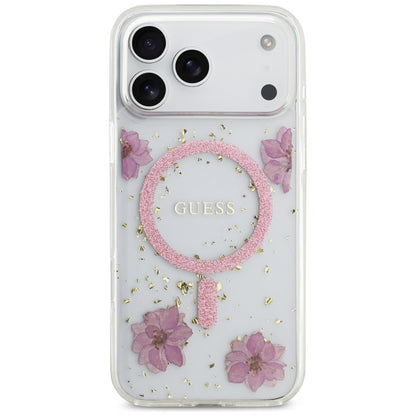 Coque MagSafe pour Apple iPhone 17 Pro Max, Guess, Fleurs en Résine et Paillettes, Rose