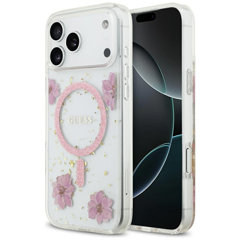 Coque MagSafe pour Apple iPhone 17 Pro Max, Guess, Fleurs en Résine et Paillettes, Rose