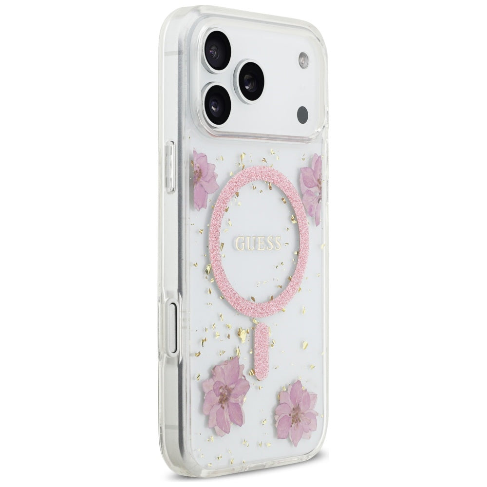 Coque MagSafe pour Apple iPhone 17 Pro Max, Guess, Fleurs en Résine et Paillettes, Rose