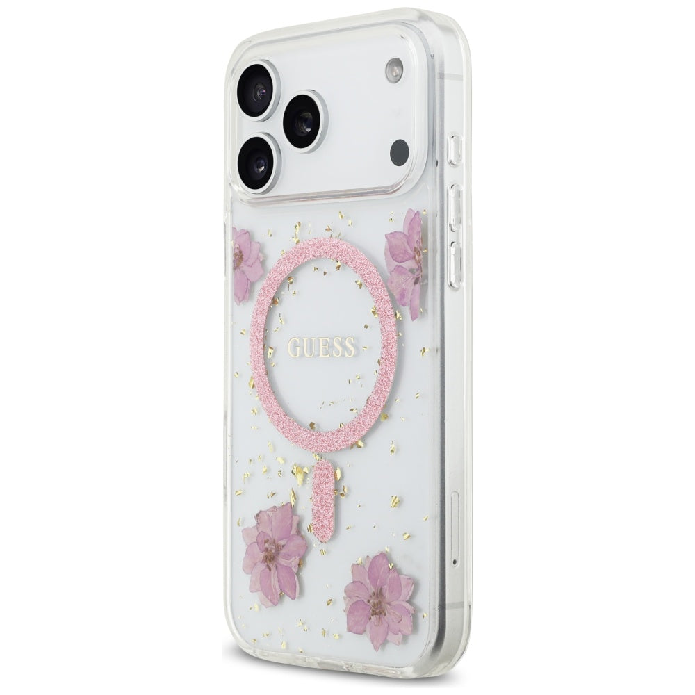 Coque MagSafe pour Apple iPhone 17 Pro Max, Guess, Fleurs en Résine et Paillettes, Rose