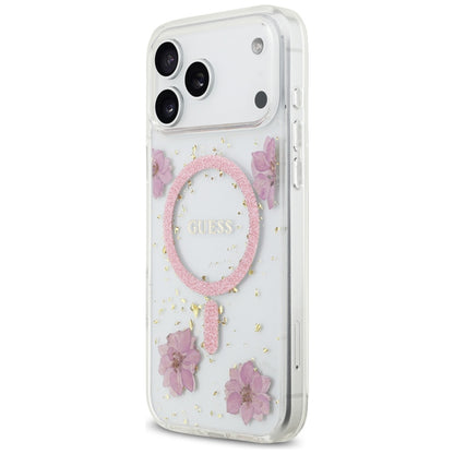 Coque MagSafe pour Apple iPhone 17 Pro Max, Guess, Fleurs en Résine et Paillettes, Rose