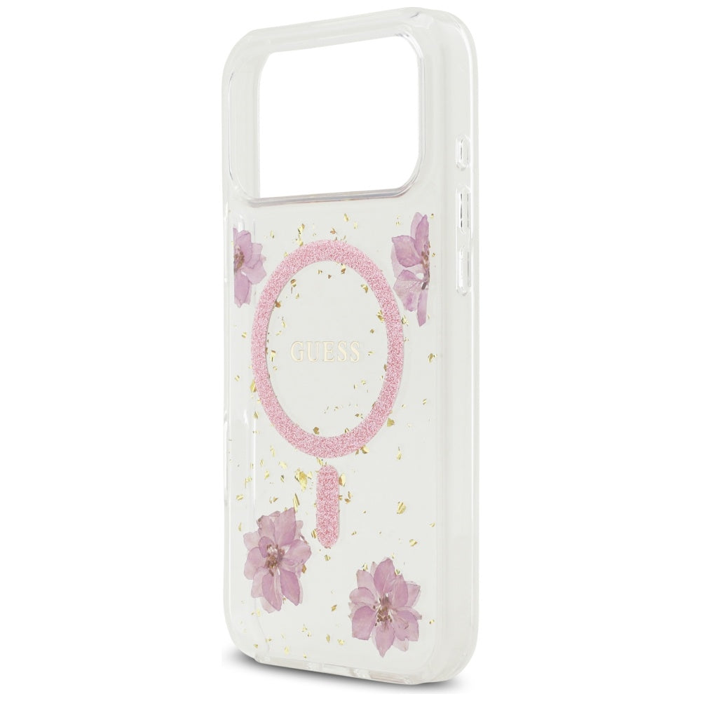 Coque MagSafe pour Apple iPhone 17 Pro Max, Guess, Fleurs en Résine et Paillettes, Rose