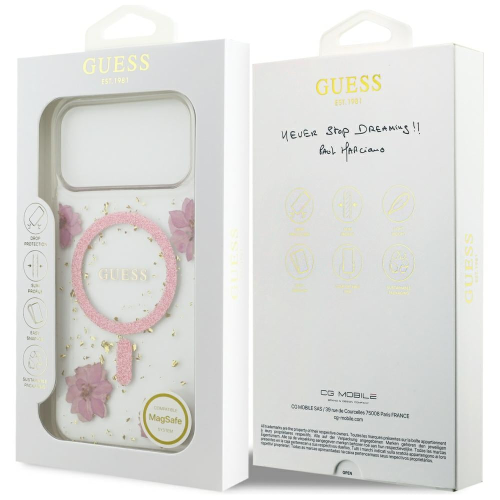 Coque MagSafe pour Apple iPhone 17 Pro Max, Guess, Fleurs en Résine et Paillettes, Rose