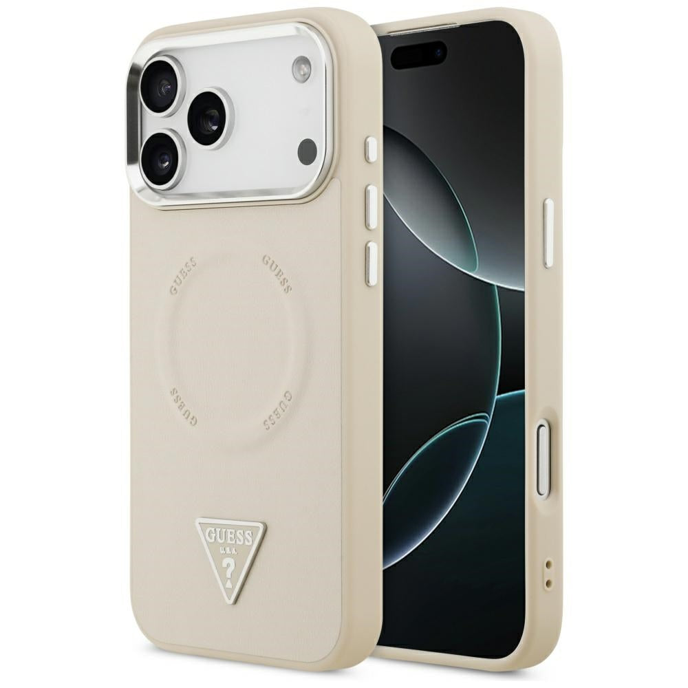 Custodia MagSafe per Apple iPhone 17 Pro Max, Guess, Logo Triangolo, Beige Argentato