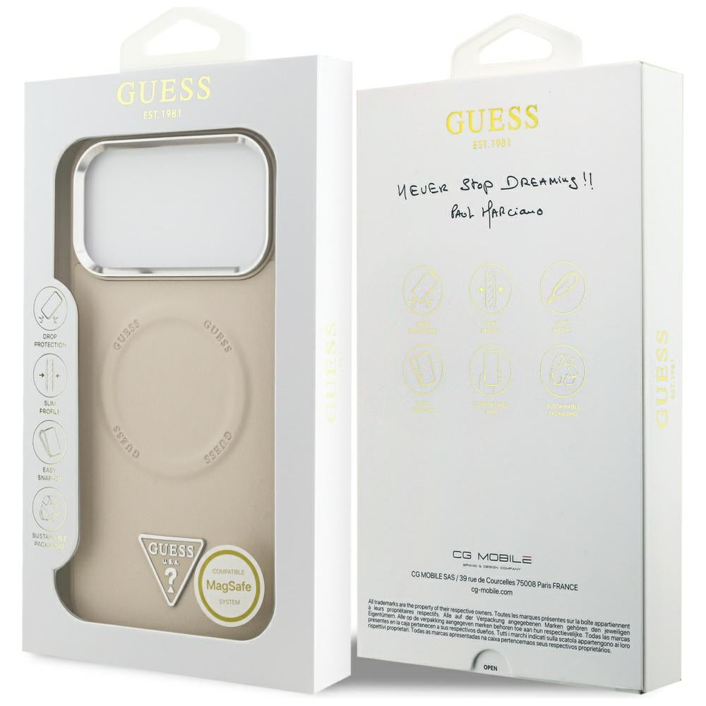 Custodia MagSafe per Apple iPhone 17 Pro Max, Guess, Logo Triangolo, Beige Argentato