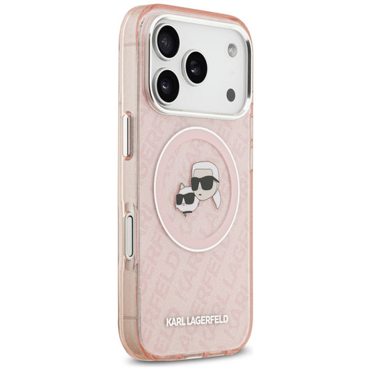 Coque MagSafe pour Apple iPhone 17 Pro Max, Karl Lagerfeld, Glitter Karl & Choupette Head, Rose.