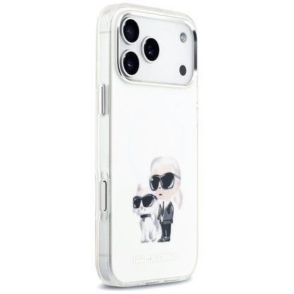 MagSafe Hülle für Apple iPhone 17 Pro Max, Karl Lagerfeld, IML Aquarelle Logo Karl & Choupette, Weiß.