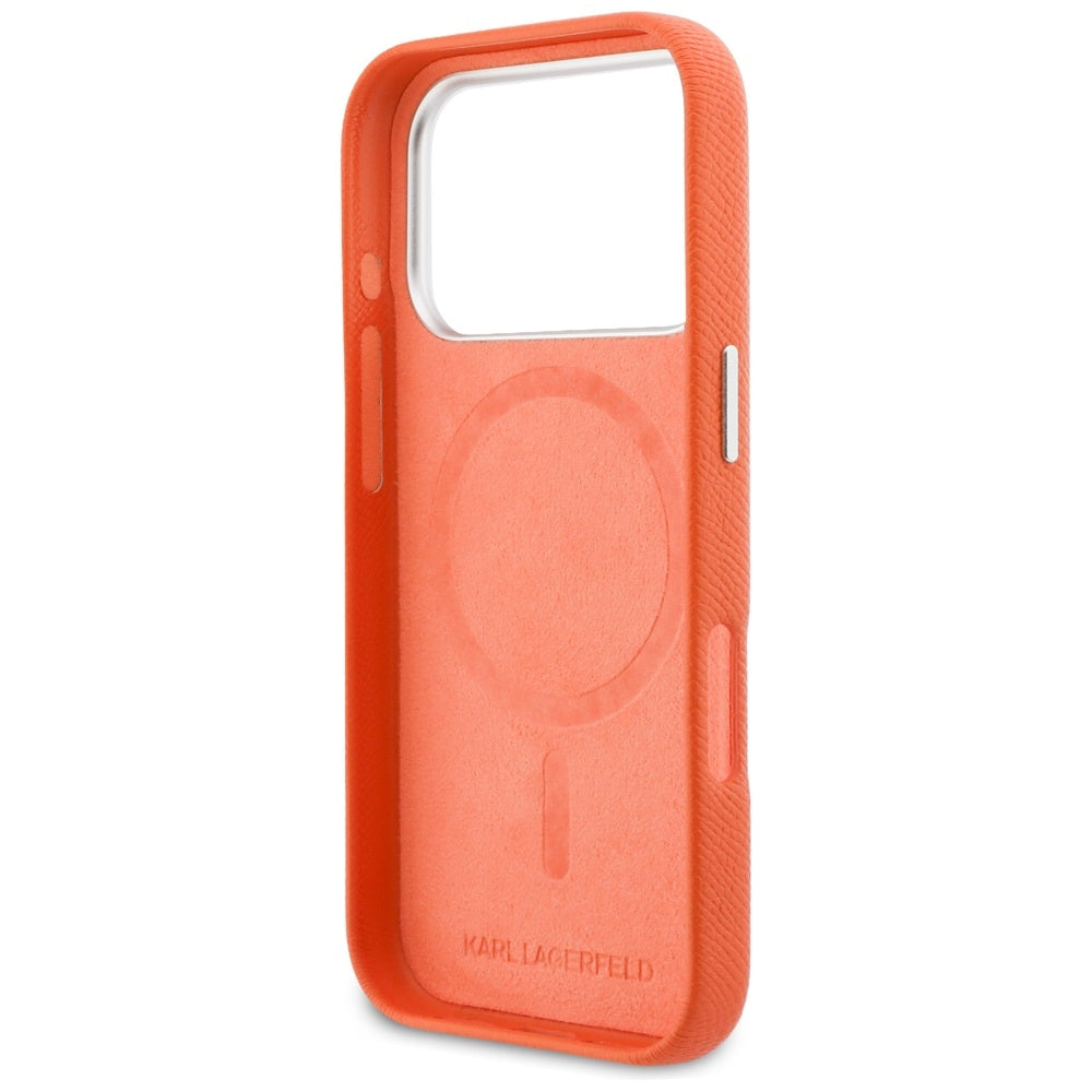 Coque MagSafe pour Apple iPhone 17 Pro Max, Karl Lagerfeld, Karl & Choupette Head's Pin, Orange