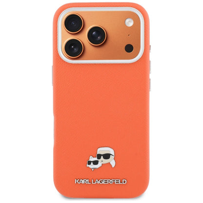 Coque MagSafe pour Apple iPhone 17 Pro Max, Karl Lagerfeld, Karl & Choupette Head's Pin, Orange