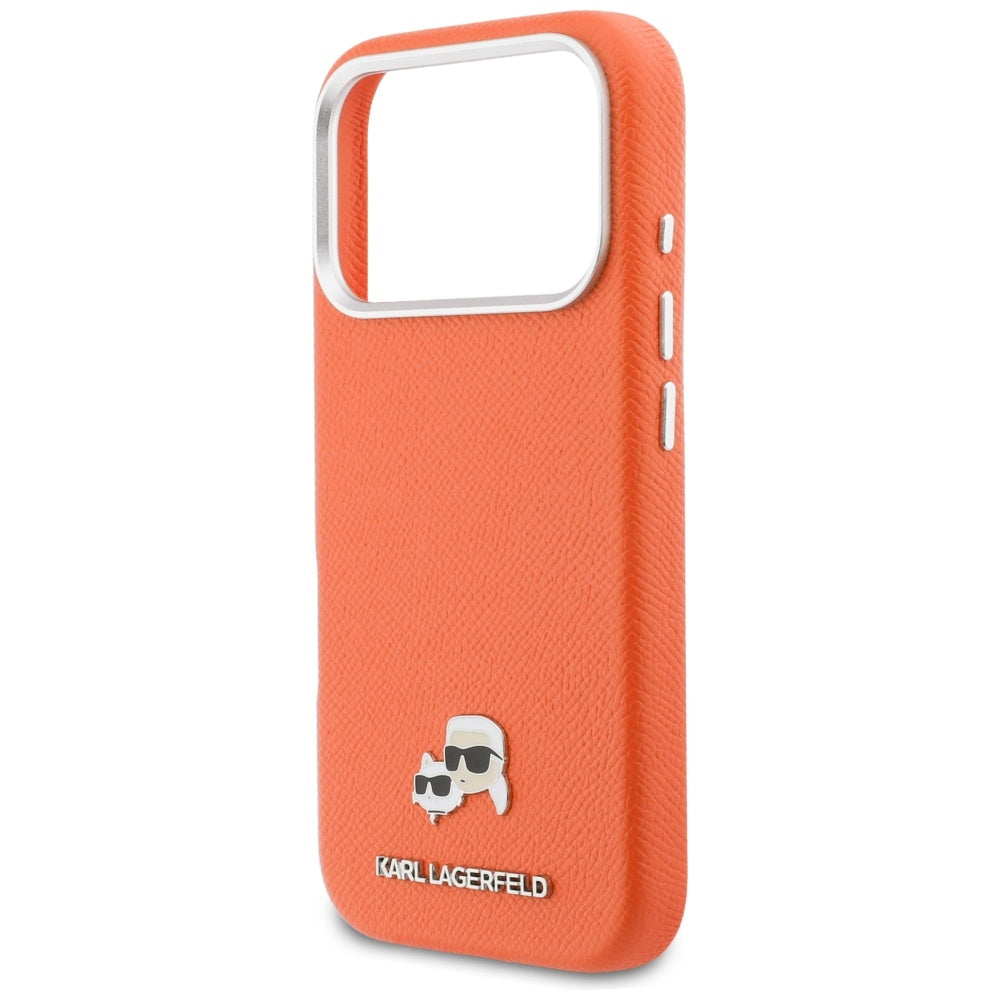Coque MagSafe pour Apple iPhone 17 Pro Max, Karl Lagerfeld, Karl & Choupette Head's Pin, Orange