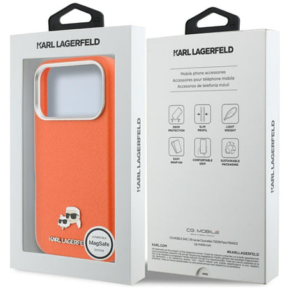 Coque MagSafe pour Apple iPhone 17 Pro Max, Karl Lagerfeld, Karl & Choupette Head's Pin, Orange