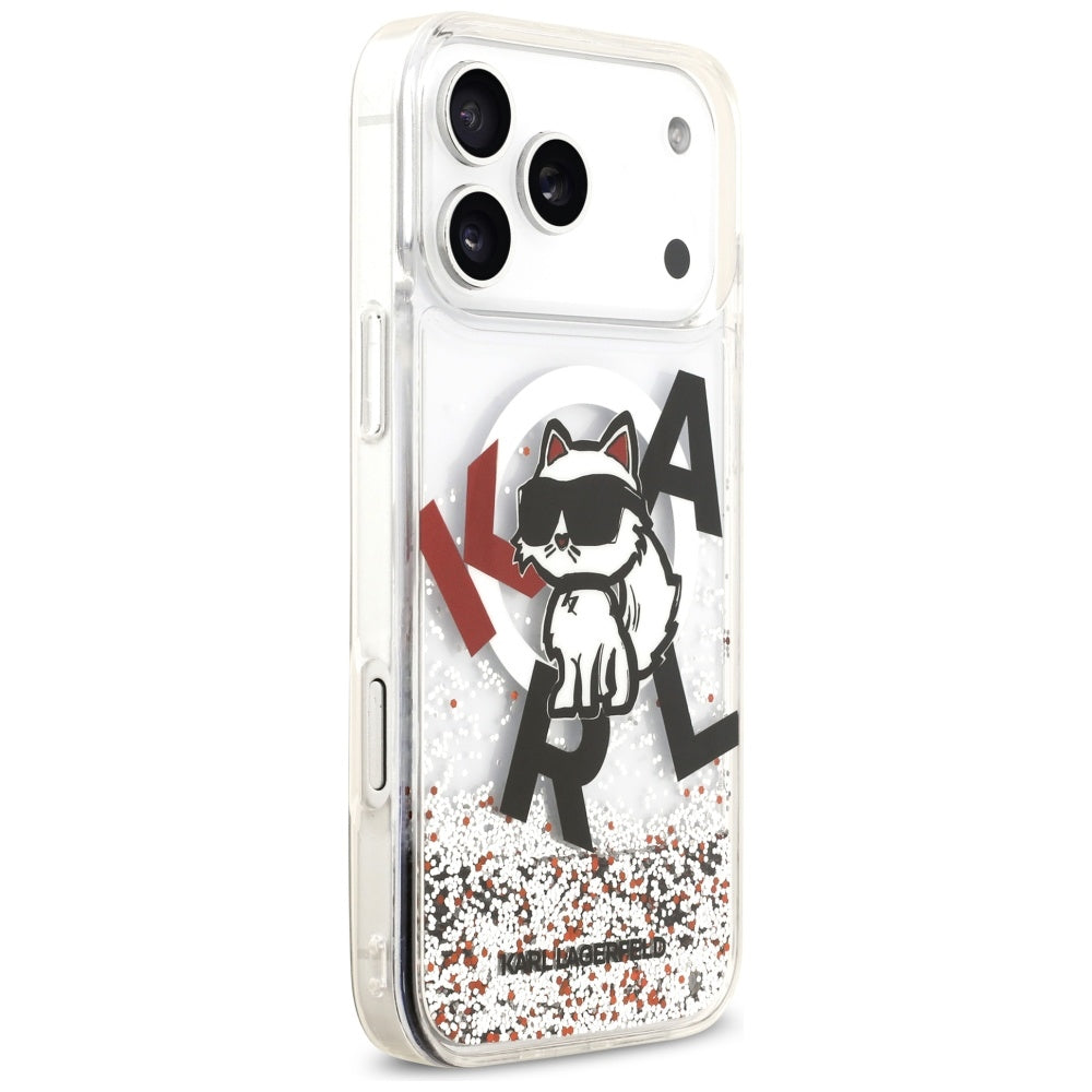 Custodia MagSafe per Apple iPhone 17 Pro Max, Karl Lagerfeld, Liquid Glitter Logo Choupette, Trasparente