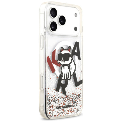 Custodia MagSafe per Apple iPhone 17 Pro Max, Karl Lagerfeld, Liquid Glitter Logo Choupette, Trasparente