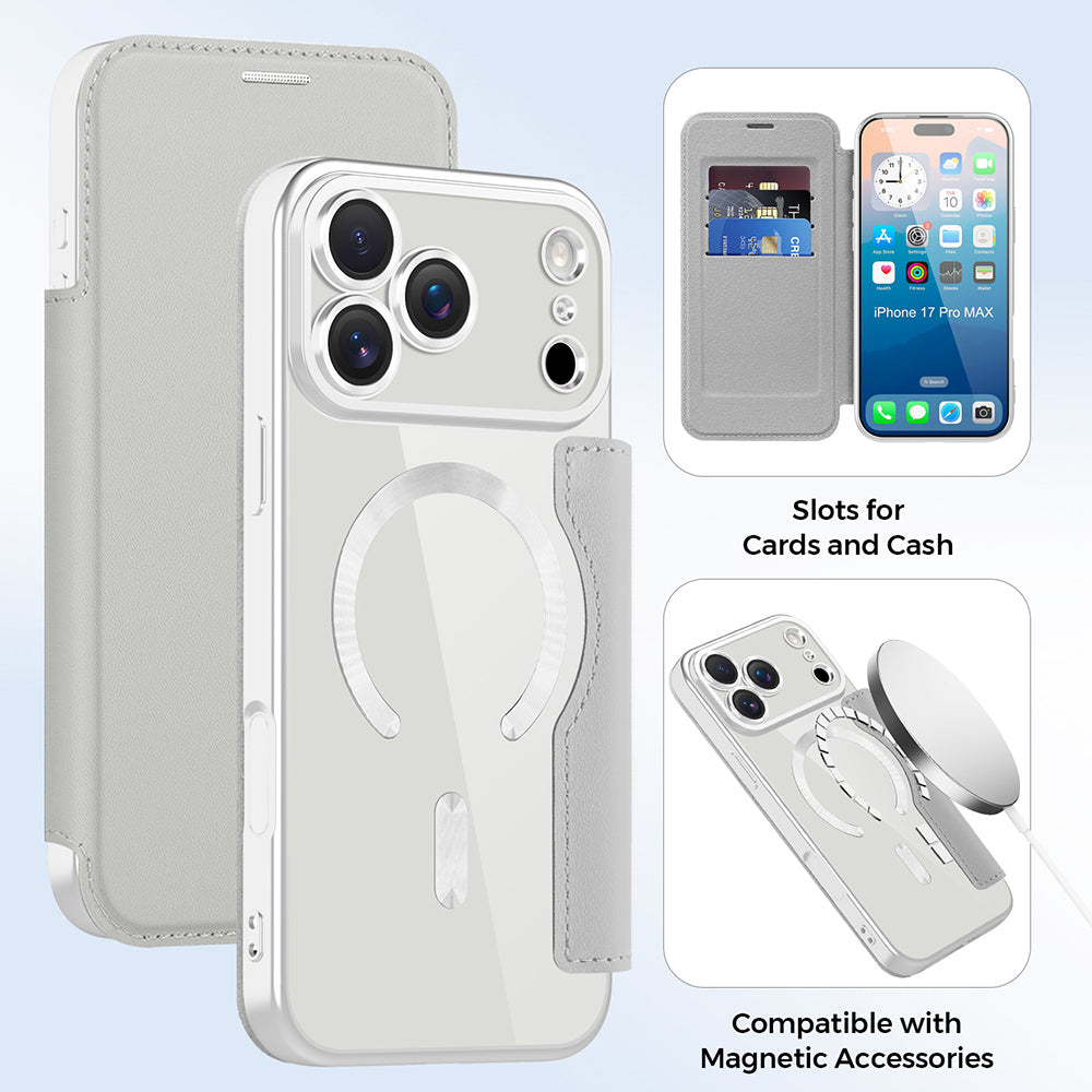 Custodia MagSafe per Apple iPhone 17 Pro Max, Techsuit, SmartMag Book, Grigio