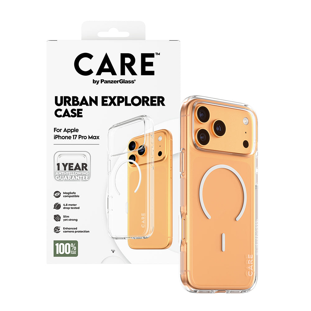 Coque MagSafe pour Apple iPhone 17 Pro, PanzerGlass, Care Urban Explorer, Transparente Blanche