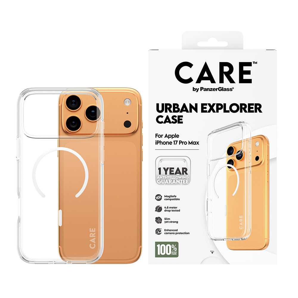 Coque MagSafe pour Apple iPhone 17 Pro, PanzerGlass, Care Urban Explorer, Transparente Blanche