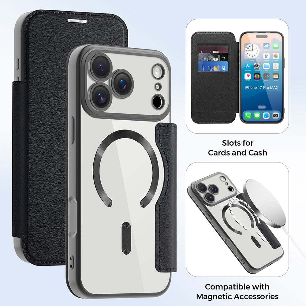 Custodia MagSafe per Apple iPhone 17 Pro, Techsuit, SmartMag Book, Nera