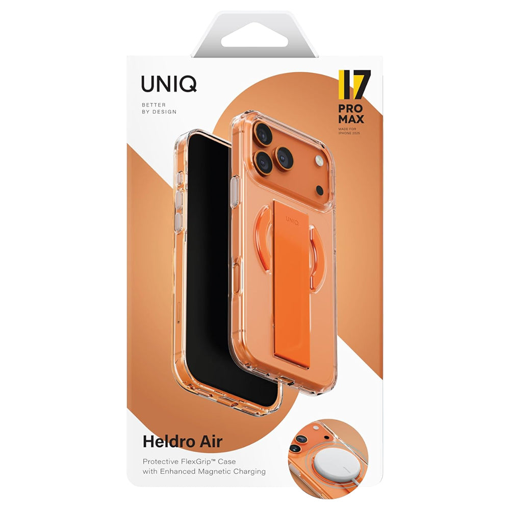 Custodia MagSafe per Apple iPhone 17 Pro, UNIQ, Heldro Air MagClick, Arancione Trasparente
